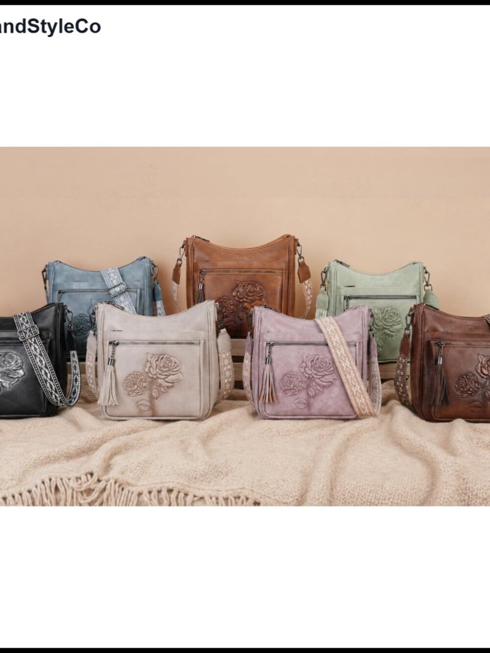 Vegan Leather Hobo Crossbody Bag with Floral Embossed Pattern - Picture 6 of 6